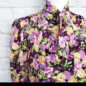 Vintage 70s Pink Yellow Floral Tie Neck Blouse NWT